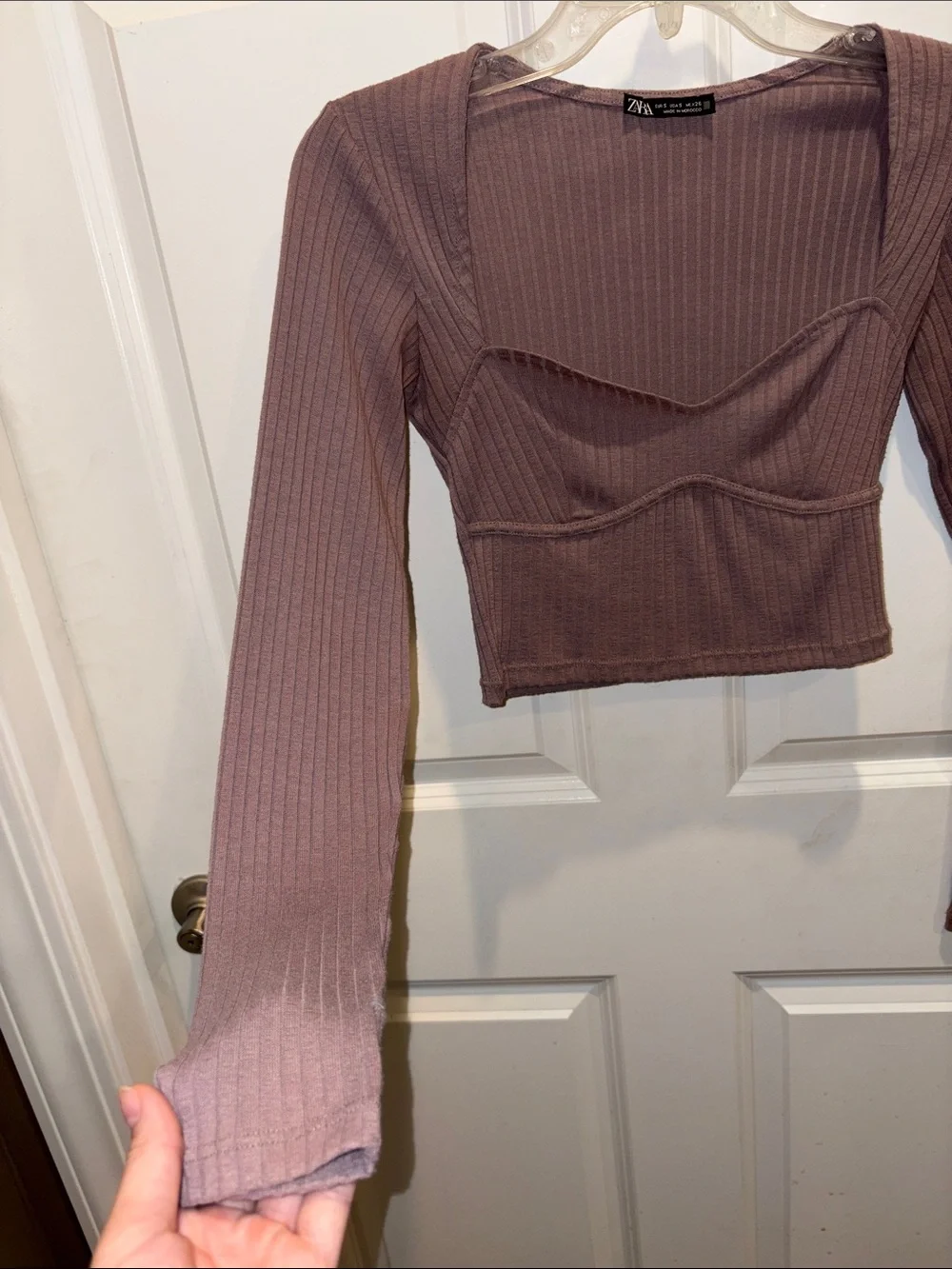 Zara Mauve Ribbed Long-Sleeve Cropped Top